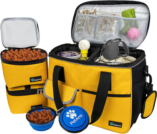 Dog Travel Bag Organizer - Medium Yellow Pet Supplies Tote with Food Containers and Collapsible Bowls, Ideal for Weekend Getaways and Camping Essentials