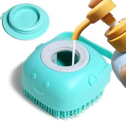 Pet Bath Brush Dog Shampoo Dispenser Dog Bath Brush Scrubber (Blue) | Soft Silicone Dog Cat Grooming Brush with Shampoo Dispenser for Gentle Massage Deep Cleaning and Bathing Cat Dogs and Puppies