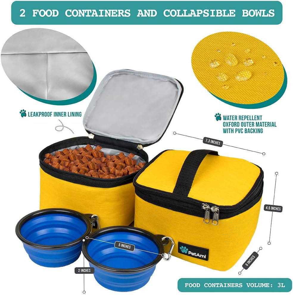 Dog Travel Bag Organizer - Medium Yellow Pet Supplies Tote with Food Containers and Collapsible Bowls, Ideal for Weekend Getaways and Camping Essentials