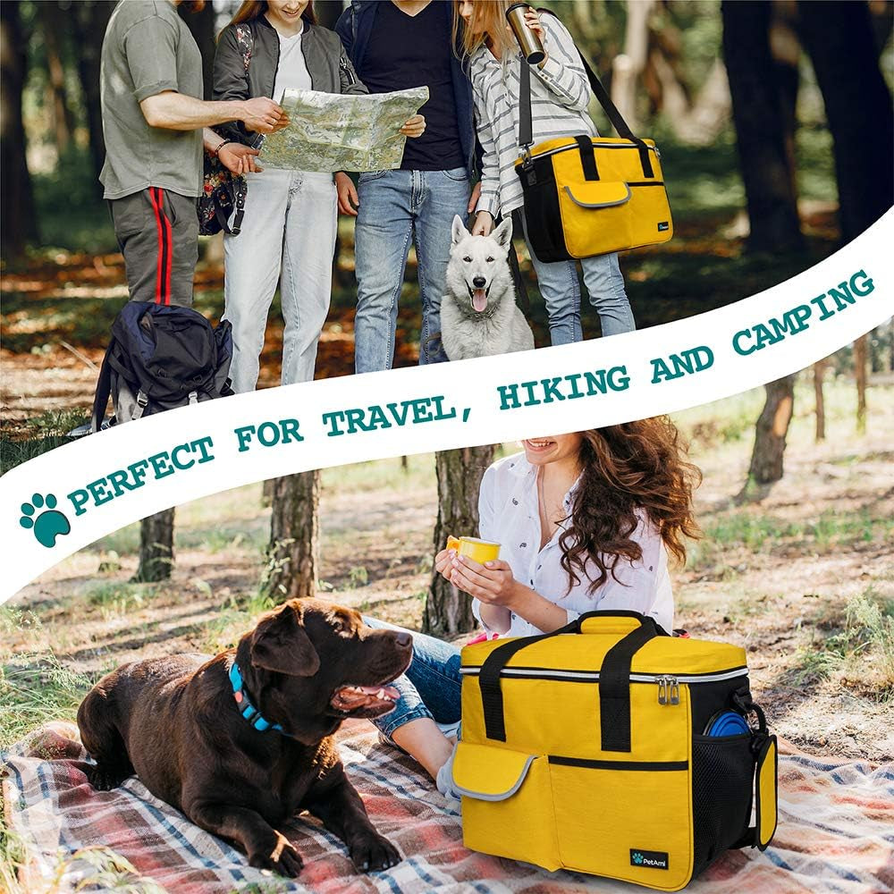 Dog Travel Bag Organizer - Medium Yellow Pet Supplies Tote with Food Containers and Collapsible Bowls, Ideal for Weekend Getaways and Camping Essentials