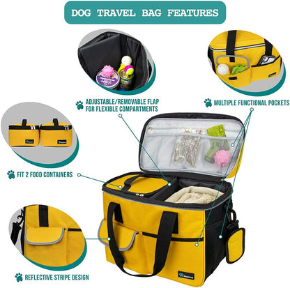 Dog Travel Bag Organizer - Medium Yellow Pet Supplies Tote with Food Containers and Collapsible Bowls, Ideal for Weekend Getaways and Camping Essentials