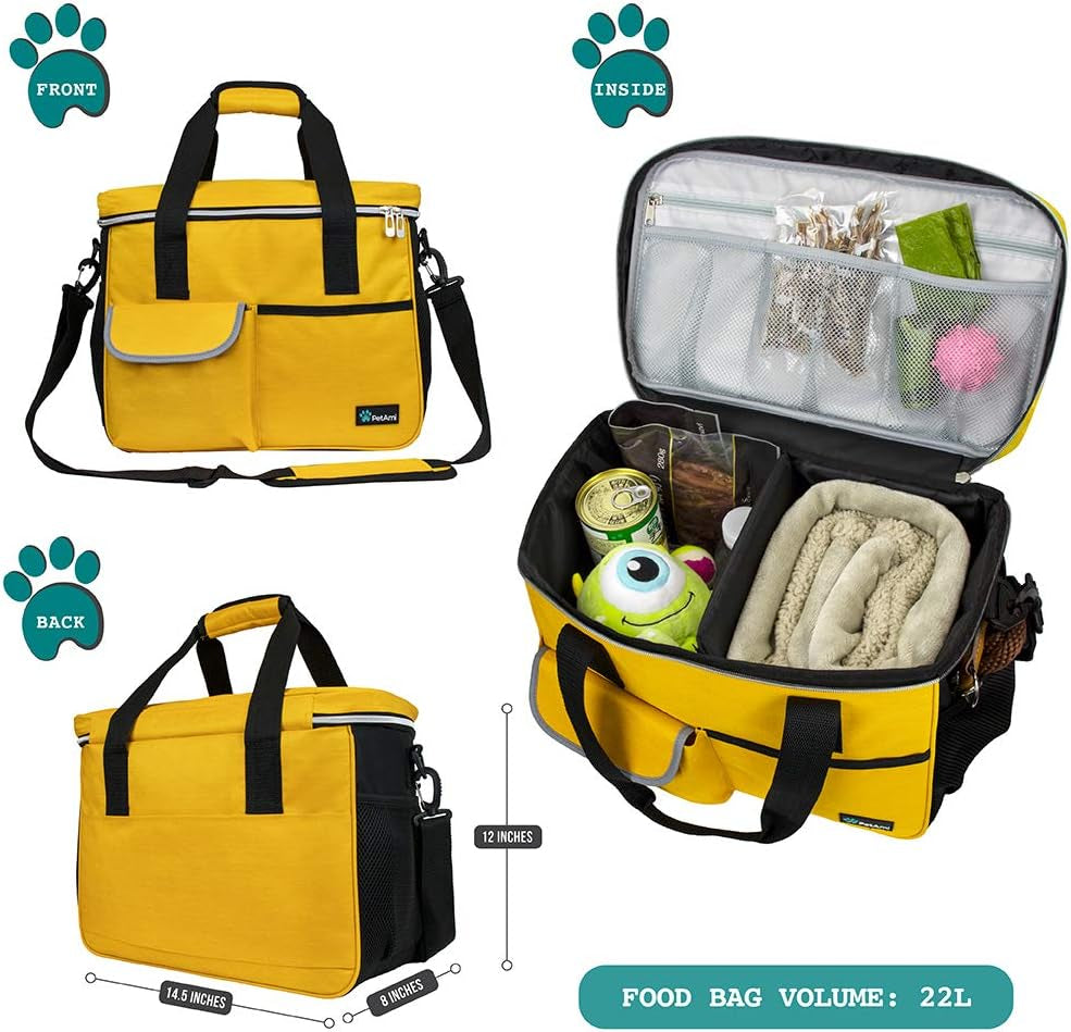 Dog Travel Bag Organizer - Medium Yellow Pet Supplies Tote with Food Containers and Collapsible Bowls, Ideal for Weekend Getaways and Camping Essentials