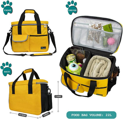 Dog Travel Bag Organizer - Medium Yellow Pet Supplies Tote with Food Containers and Collapsible Bowls, Ideal for Weekend Getaways and Camping Essentials